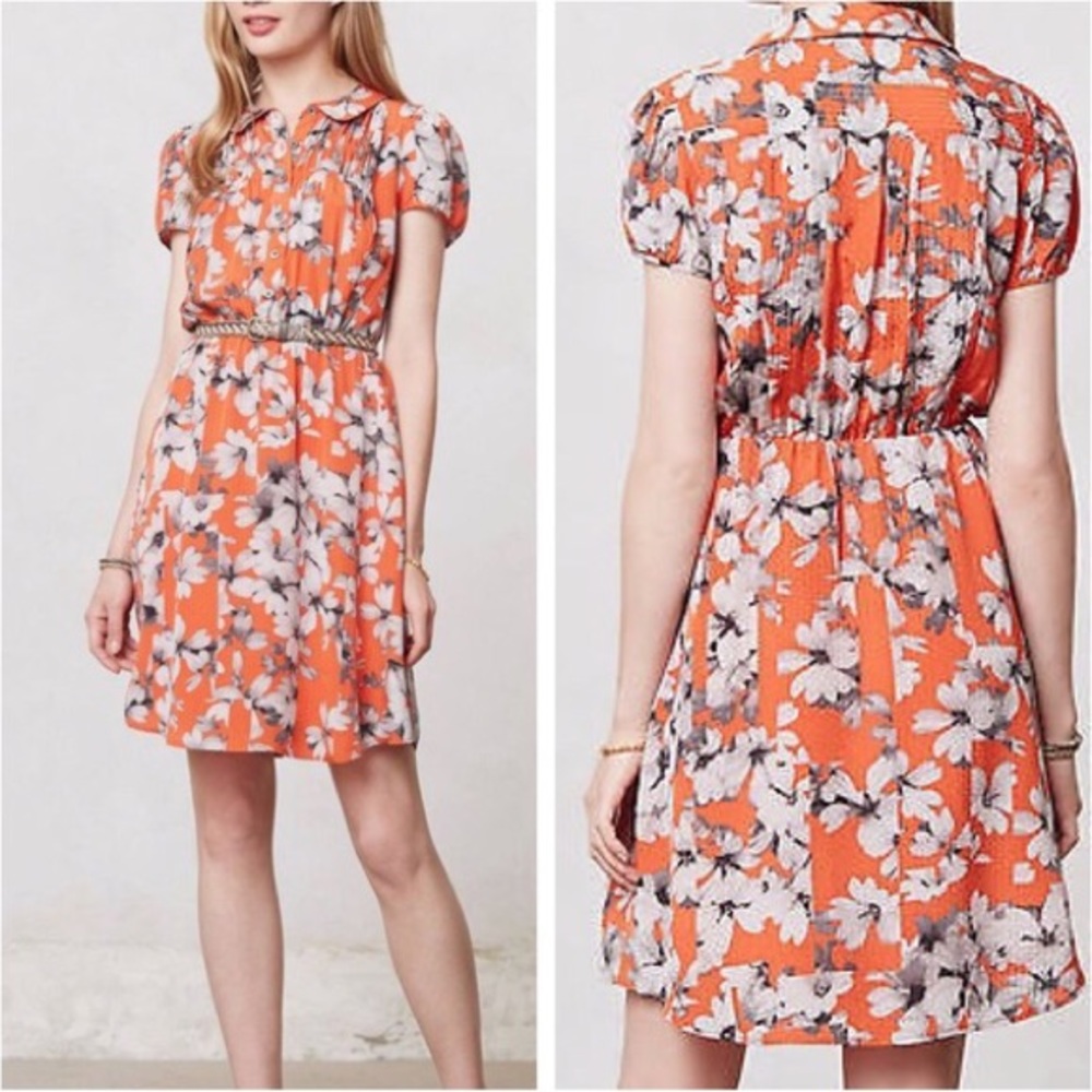 MAEVE Anthropologie Orange Floral Silk Dress